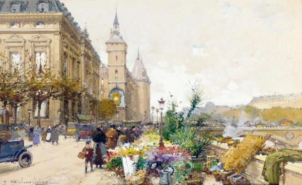 Le Marche Aux Fleurs Pres De La Conciergerie by Eugene Galien-laloue