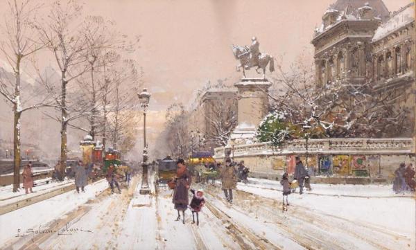 Les Quais Et La Statue Saint Marcel by Eugene Galien-laloue