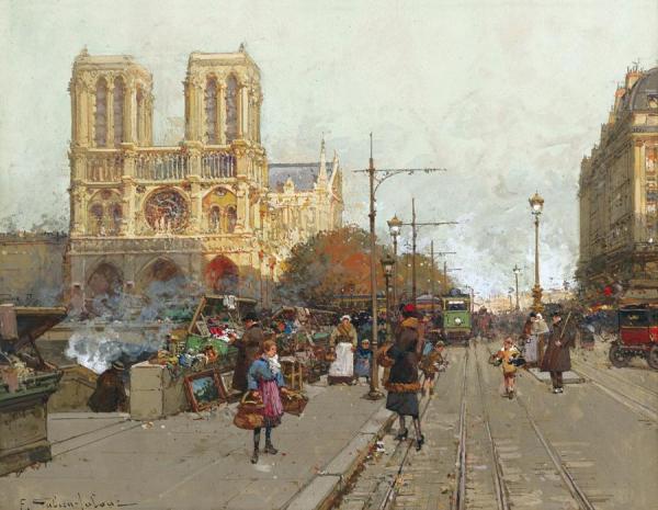 Notre Dame De Paris,vue Du Quai De Montebello by Eugene Galien-laloue