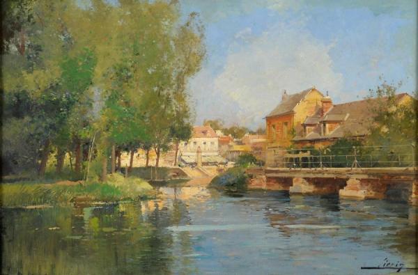 River Landscape With City View by Eugene Galien-laloue