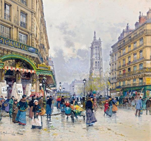 Vue De La Rue De Rivoli Avec La Tour St Jacques,paris by Eugene Galien-laloue