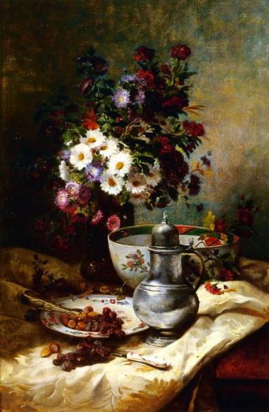 Eugene Henri Cauchois Country Bouquet With A Place Of Raisins And Hazelnuts