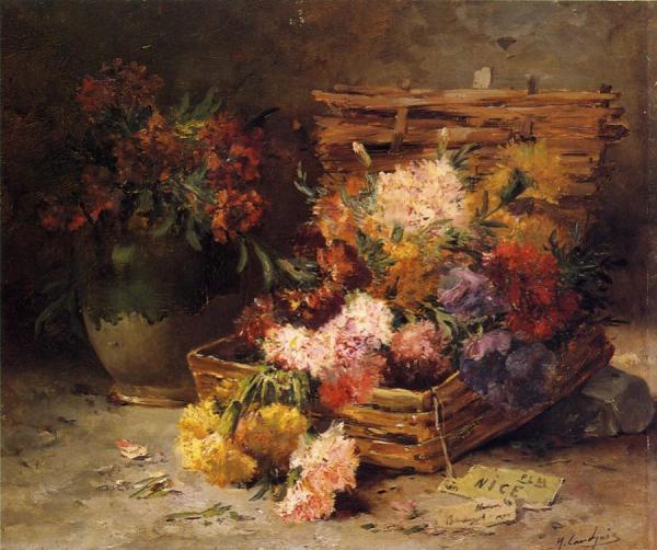 Eugene Henri Cauchois Still Life Of Flowes In A Vase And A Basket