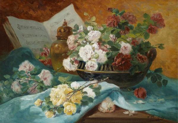 Still Life With Roses, Vase And Music Book by Eugene Henri Cauchois Oil Painting Reproductions