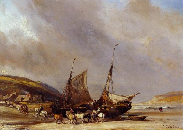 Riders On The Beach With Ship by Eugene Isabey