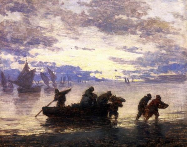 Eugène-louis Boudin A Coastal Scene With Fishing Boats In Normandy