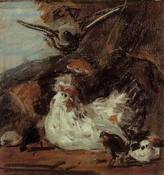 A Hen And Her Chicks (after Melchior D'hondecoeter) by Eugène-louis Boudin