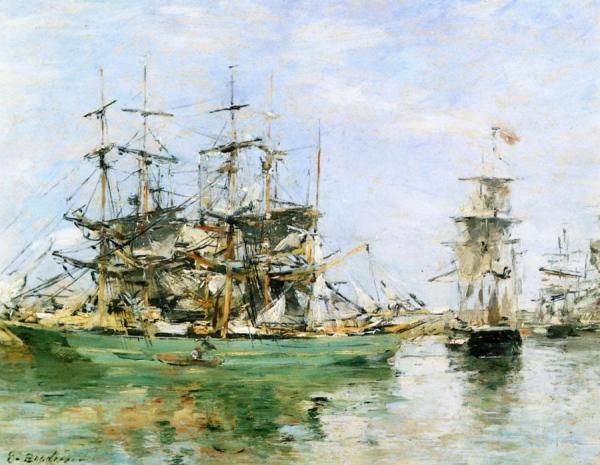 A Three Masted Ship In Port by Eugène-louis Boudin