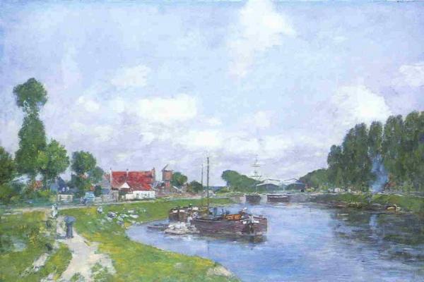 Barges On The Canal, Saint-valery-sur-somme by Eugène-louis Boudin