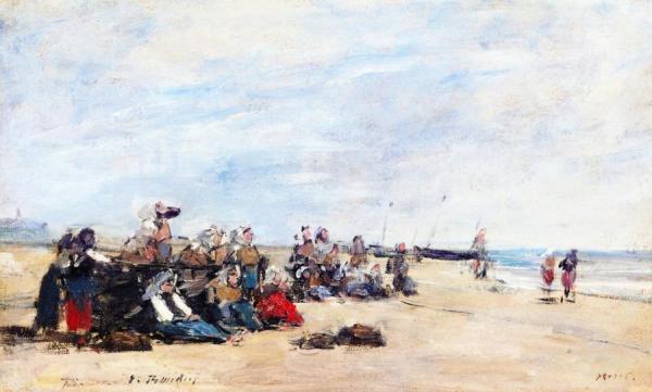 Berck, A Group Of Fisherwomen Seated On The Shore by Eugène-louis Boudin