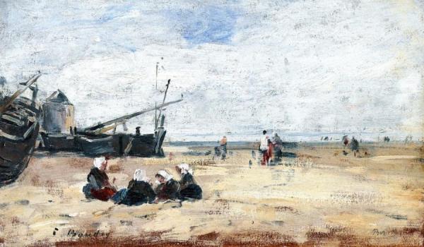 Berck, Fisherwomen Seated On The Shore by Eugène-louis Boudin