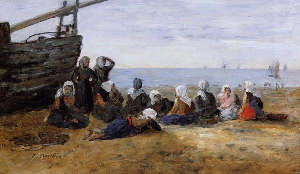 Berck, Group Of Fishwomen Seated On The Beach by Eugène-louis Boudin