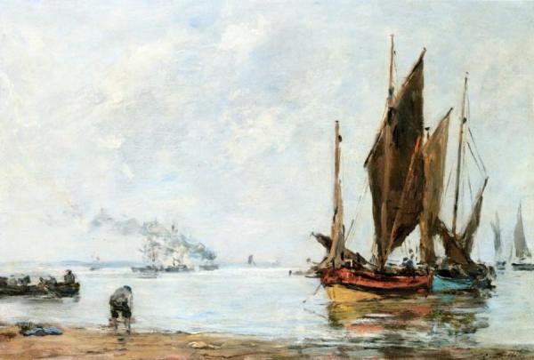 Boats At Anchor Along The Shore by Eugène-louis Boudin