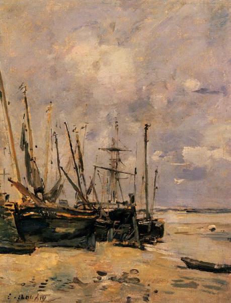 Boats At The Beach At Low Tide by Eugène-louis Boudin