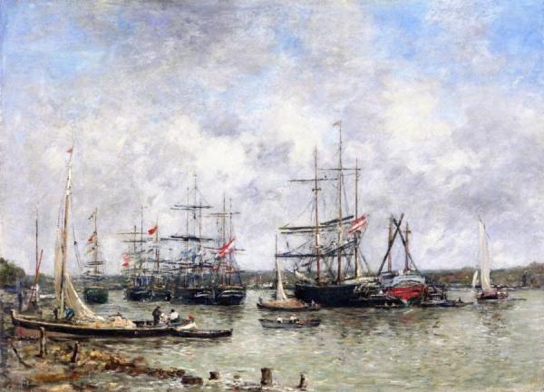 Bordeaux, Three Masted Ships Anchored On The Garonne by Eugène-louis Boudin