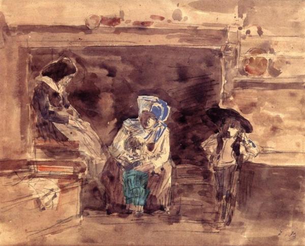 Breton Family By The Fireplace by Eugène-louis Boudin