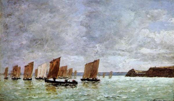 Camaret, Fishing Boats Off The Shore by Eugène-louis Boudin