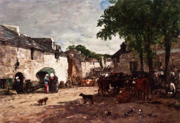 Cattle Market At Daoulas, Brittany by Eugène-louis Boudin