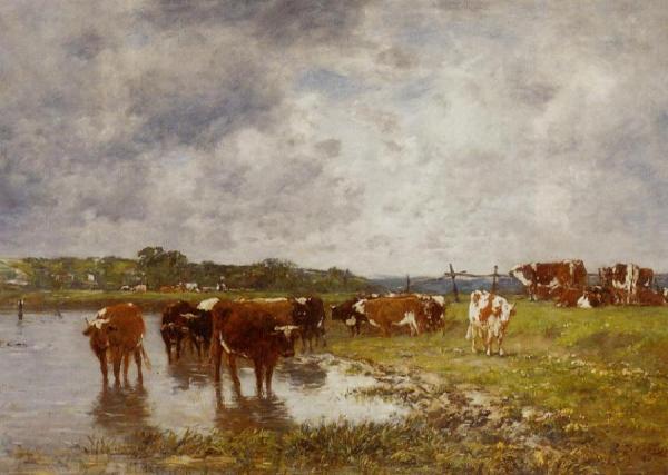 Cows In A Meadow On The Banks Of The Toques by Eugène-louis Boudin