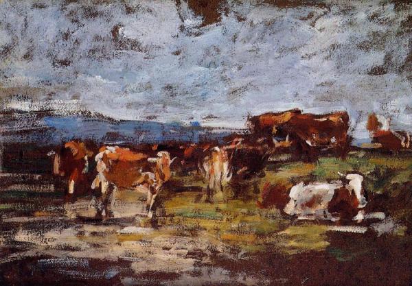 Cows In Pasture by Eugène-louis Boudin