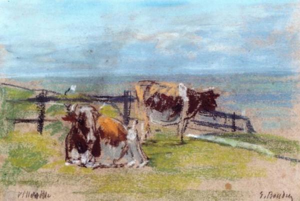 Cows On A Cliff At Villerville by Eugène-louis Boudin