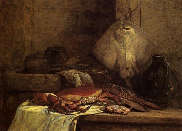 Crab, Lobster And Fish by Eugène-louis Boudin