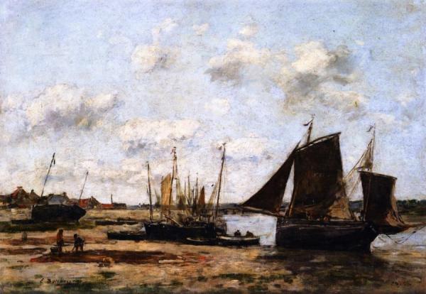 Etaples, Low Tide, Beached Boats by Eugène-louis Boudin