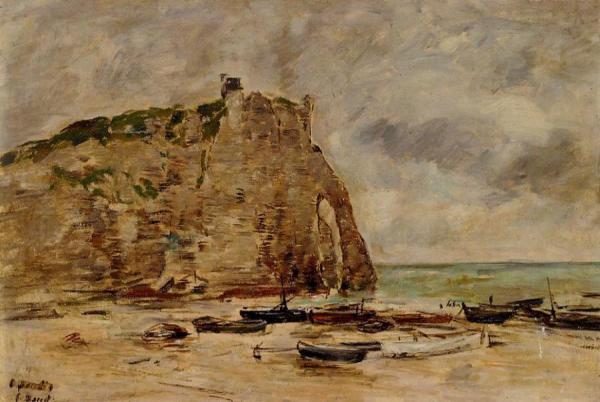 Etretat, Beached Boats And The Cliff Of Aval by Eugène-louis Boudin