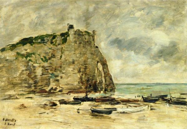 Etretat, Beached Boats And The Falaise D'aval (study) by Eugène-louis Boudin