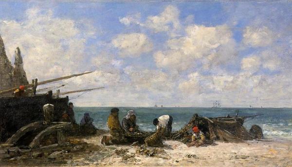 Etretat: Fishermen On The Beach by Eugène-louis Boudin