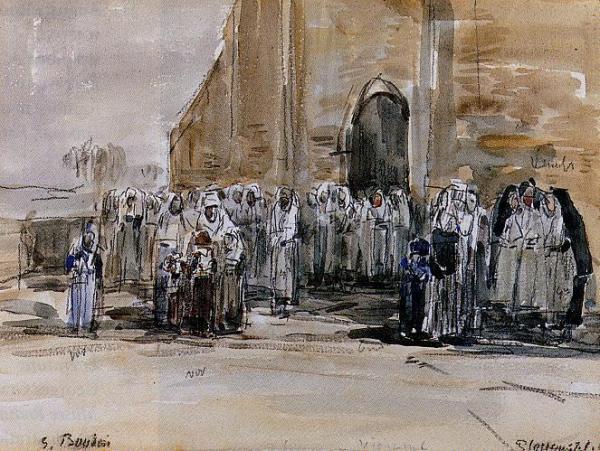 Exiting From Mass At Plougastel by Eugène-louis Boudin