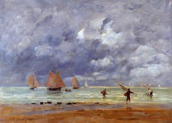 Fishermen And Sailboats Near Trouville by Eugène-louis Boudin
