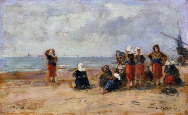 Fisherwomen On The Beach At Berck by Eugène-louis Boudin