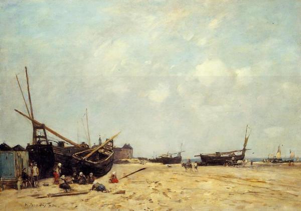 Fishing Boats Aground And At Sea by Eugène-louis Boudin