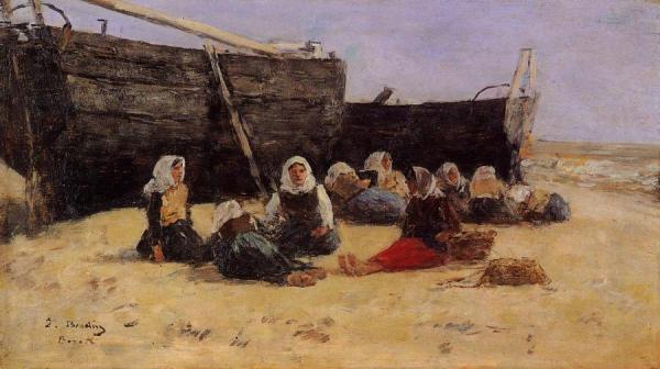 Fishwomen Seated On The Beach At Berck by Eugène-louis Boudin