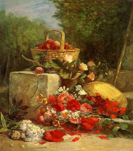 Flowers And Fruit In A Garden by Eugène-louis Boudin