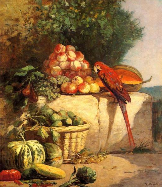 Fruit And Vegetables With A Parrot by Eugène-louis Boudin