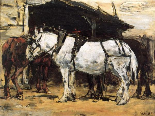 Harnessed Horses by Eugène-louis Boudin