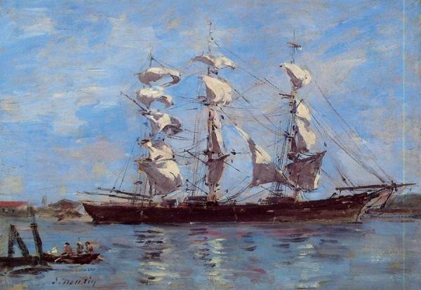 Honfleur, Three Master In Port by Eugène-louis Boudin