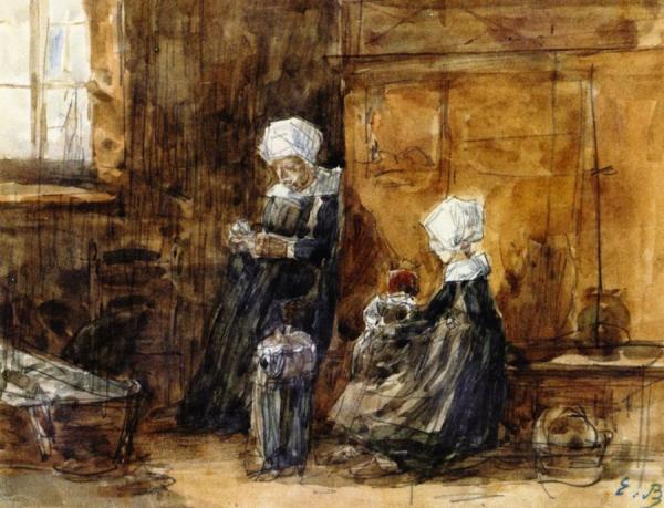 Interior With Two Breton Women by Eugène-louis Boudin