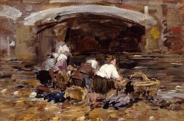 Laundresses Near A Bridge by Eugène-louis Boudin