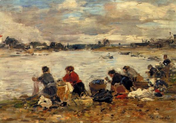 Laundresses On The Banks Of The Touques by Eugène-louis Boudin