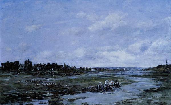 Le Faou: Laundresses On The Banks Of The River by Eugène-louis Boudin