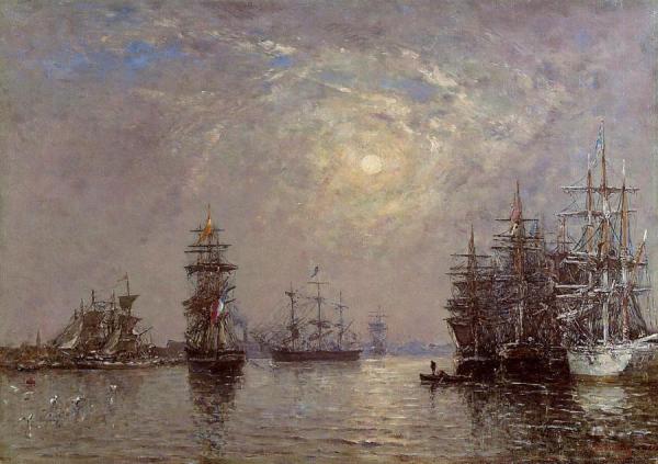 Le Havre: European Basin, Sailing Ships At Anchor, Sunset by Eugène-louis Boudin