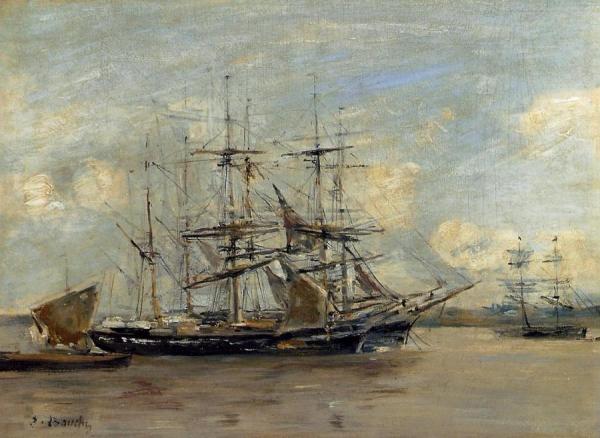 Le Havre, Three Master At Anchor In The Harbor by Eugène-louis Boudin