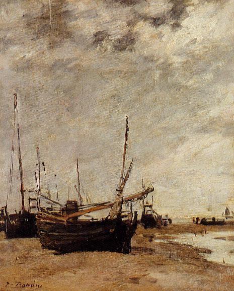 Low Tide, Grounded Sailboats by Eugène-louis Boudin