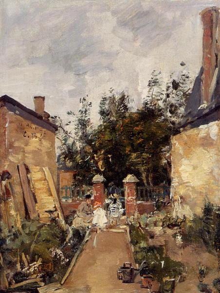 Madame S With Her Children In Their Garden At Trouville by Eugène-louis Boudin