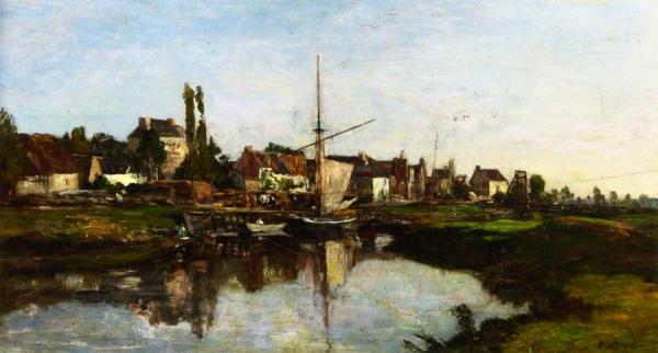 Norman Village By A River by Eugène-louis Boudin