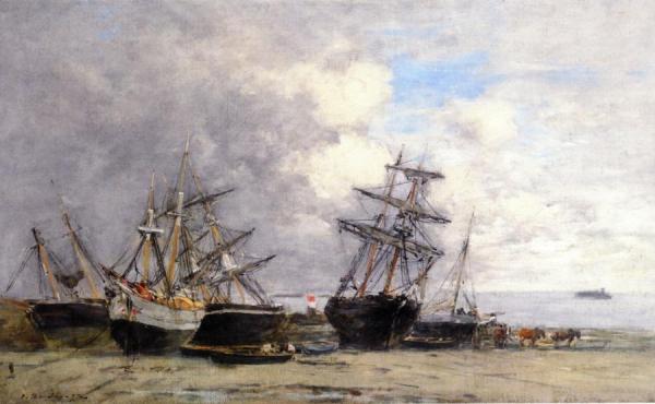 Portrieux, Beached Boats, Low Tide by Eugène-louis Boudin