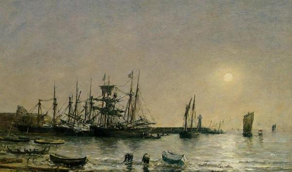 Portrieux, Boats At Anchor In Port by Eugène-louis Boudin